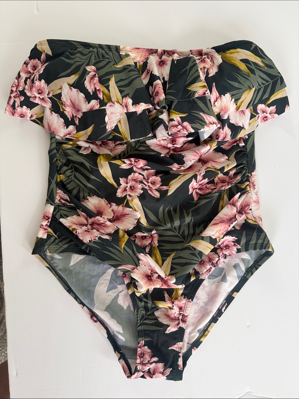 Kona Sol Black One-Piece Swimsuit with Pink Floral Accents